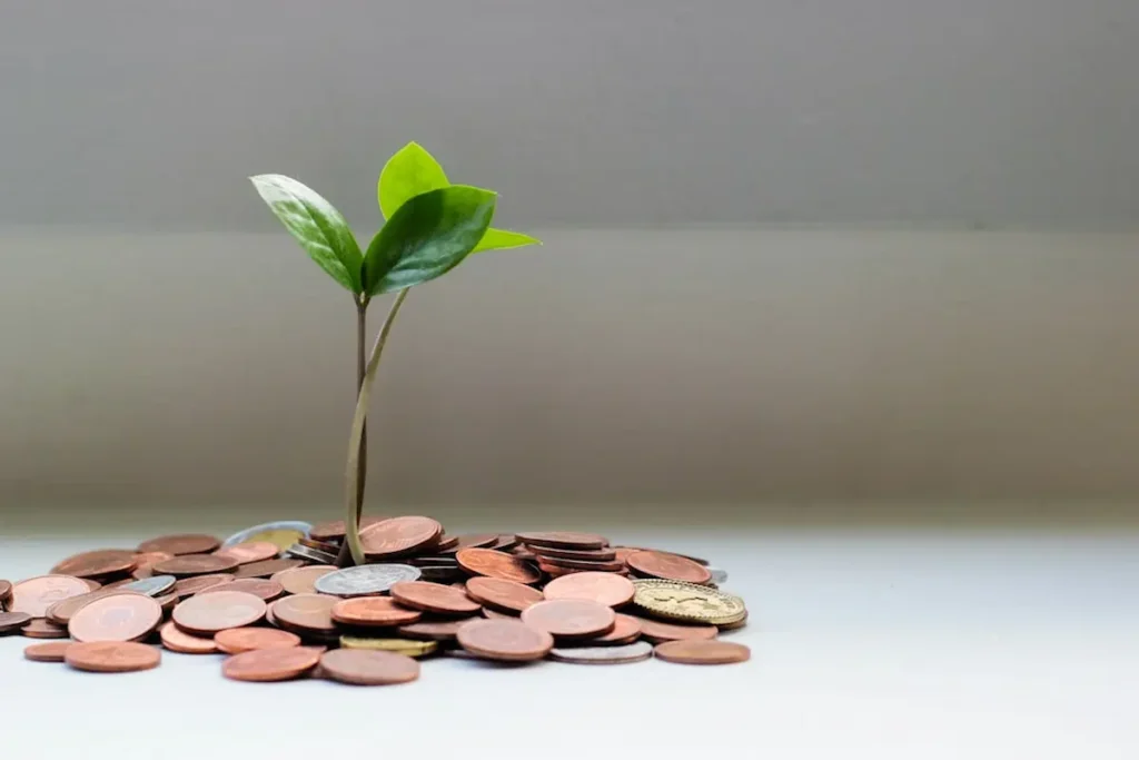 Green plant growing from a pile of coins representing financial growth and wealth.
