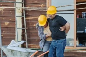 Injured worker being supported on site, illustrating cases a construction accident lawyer handles.
