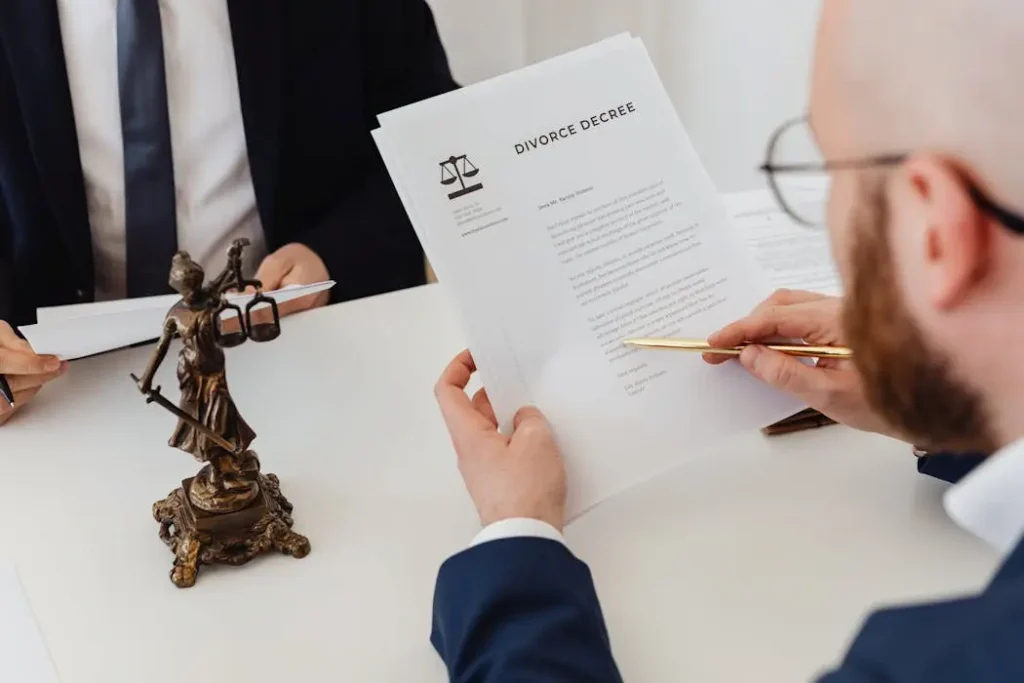 Professional reviewing legal documents at a desk, illustrating the careful work of a mergers and acquisitions attorney.
