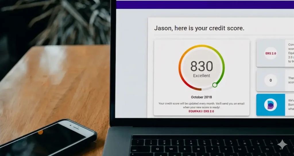 A laptop screen displaying an excellent credit score of 830 on a digital dashboard, illustrating the highest credit score ranges.