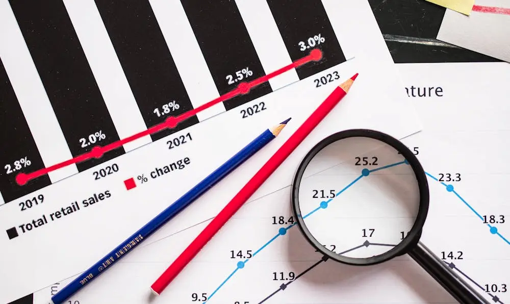 A magnifying glass and pencils over financial growth charts, representing the detailed analysis required to choose the best dividend stocks for long-term passive income.