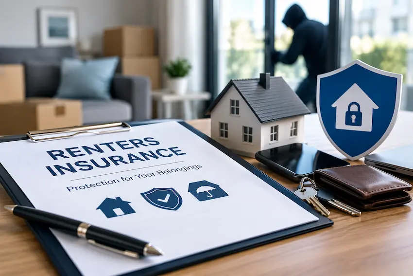 Renters insurance policy on a desk with a model house, security shield, personal belongings, and a blurred burglar in the background, illustrating theft coverage and financial protection for renters.