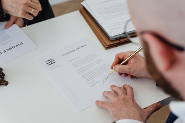A man signing a legal document titled "Divorce Decree" with a gold pen on a white desk, in front of a legal professional.