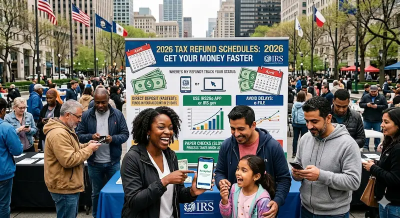 A smiling woman points to her smartphone displaying an "Accepted" tax return notification, standing in front of a large informational community poster detailing the 2026 tax refund schedules, direct deposit speeds, and tracking tools.