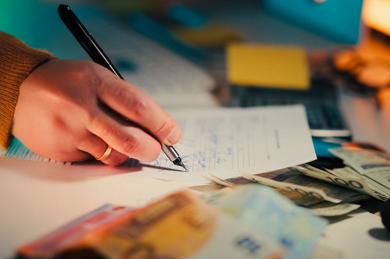 "A close-up of a person's hand signing financial documents with a pen, surrounded by cash notes and paperwork, symbolizing student loan applications, repayment planning, or financial management."