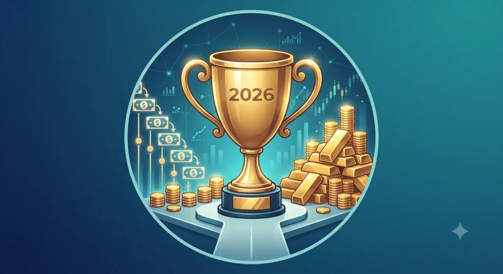 An AI-generated illustration of a gold trophy with "2026" engraved on it, surrounded by gold bars, coins, and rising stock market charts, representing financial investment strategies.
