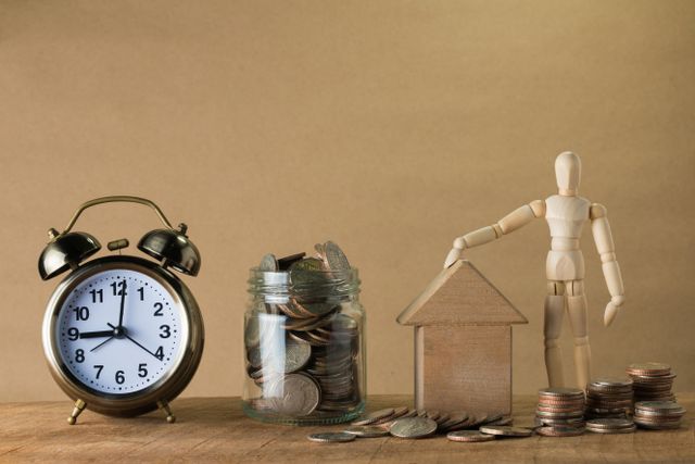An alarm clock, a glass jar filled with coins, and a wooden model house with a mannequin figure standing next to stacks of coins on a wooden surface, symbolizing financial planning, savings, and time management for homeownership.