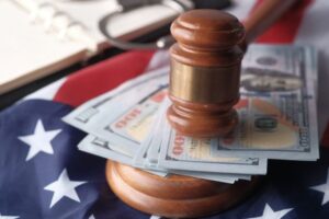 A wooden judge's gavel resting on a stack of one-hundred-dollar bills and an American flag, symbolizing legal costs, compensation, or small claims court lawsuits.