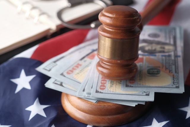 A wooden judge's gavel resting on a stack of one-hundred-dollar bills and an American flag, symbolizing legal costs, compensation, or small claims court lawsuits.