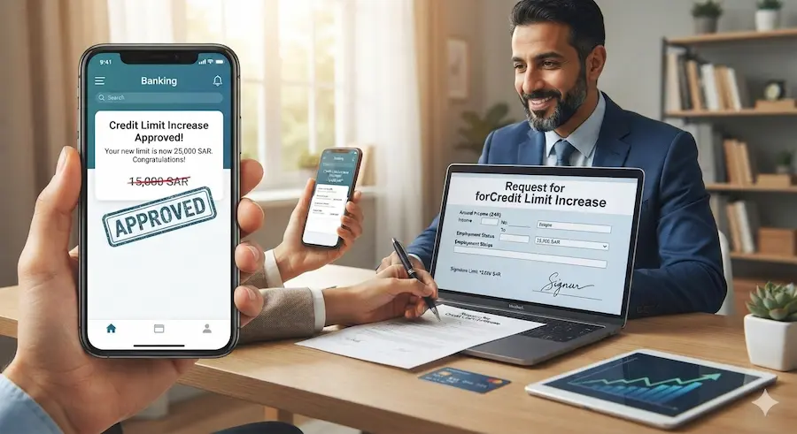 "A man looking at a credit limit increase form on a laptop, while a foreground smartphone shows an approved credit limit increase notification."