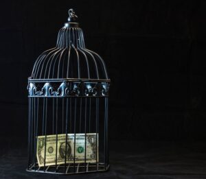A dollar bill trapped inside a closed black birdcage against a dark background, symbolizing the financial trap of deferred interest.
