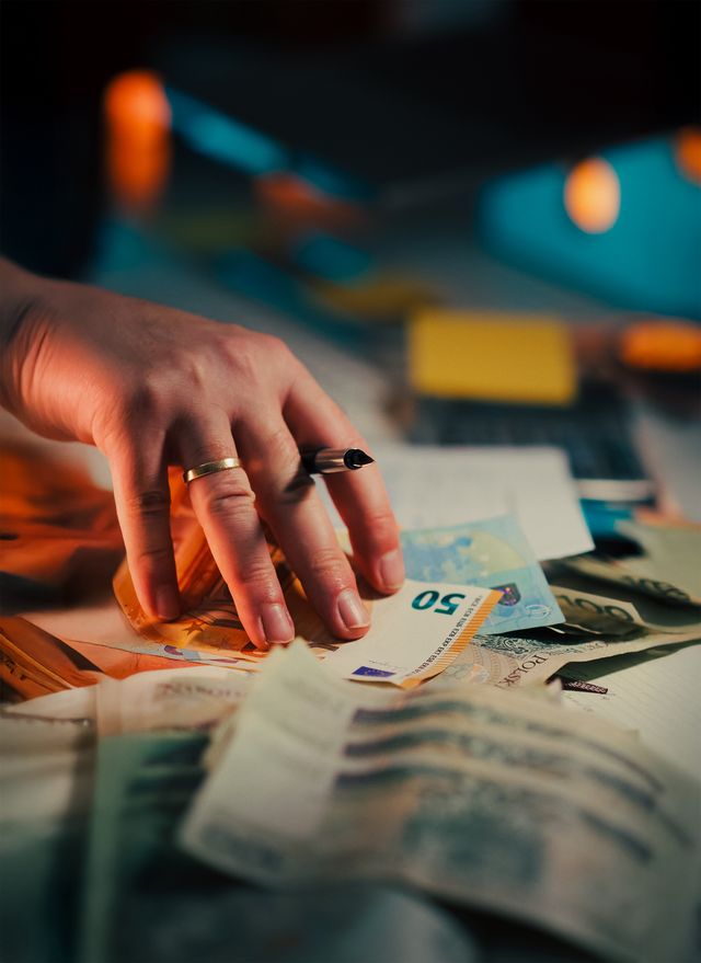 "A close-up shot of a person's hand with a wedding ring, holding a pen and managing a pile of cash, including a 50 Euro banknote and other paper currencies scattered over financial documents on a desk."