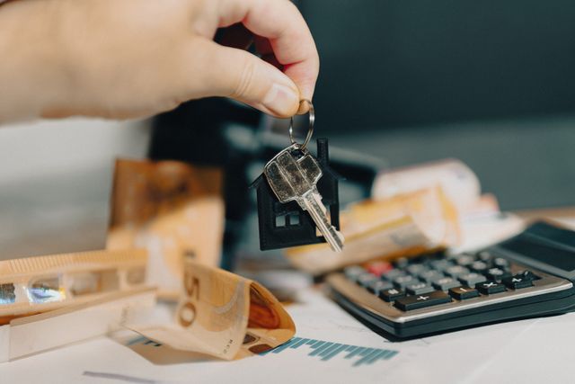 A hand holding a key with a house-shaped keychain over euro banknotes and a calculator, representing financial budgeting, loan calculations, and asset protection expenses like GAP insurance.