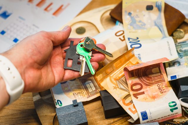 A hand holding house keys with a house-shaped keychain over a pile of Euro banknotes and financial charts, symbolizing a tenant's security deposit, real estate transaction, or rental financial dispute.