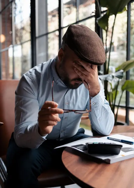 A stressed man wearing a flat cap sits at a wooden desk, holding his eyeglasses in one hand and covering his face in frustration. On the table before him are financial documents, a calculator, and a pen, illustrating the complexity and stress of calculated financial decisions.