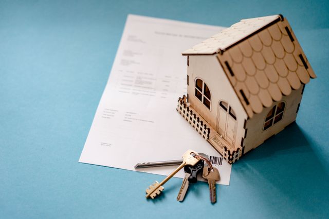 A wooden model house rests on top of a mortgage preapproval document alongside a set of house keys, all placed on a clean blue background.