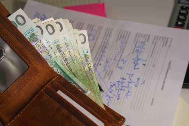 A brown leather wallet open on a desk, filled with multiple Polish Zloty (PLN) banknotes. In the background, a financial document with blue ink signatures and a calculator are visible.