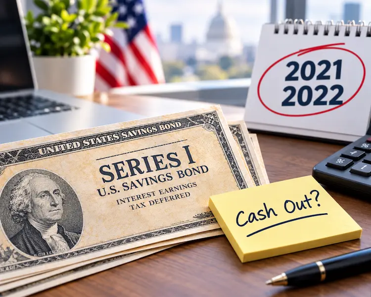 Series I savings bonds beside a calendar marked 2021 and 2022, a calculator, and a “Cash Out?” note, illustrating when to redeem I Bonds and the 0% fixed-rate consideration.