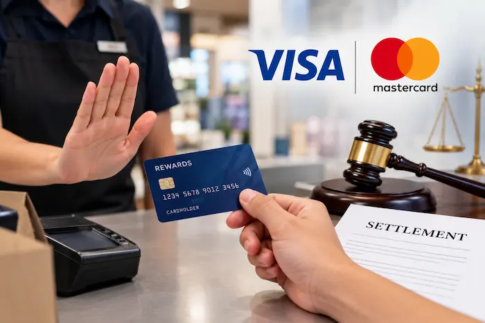 A cashier refuses a rewards credit card at a store checkout, with Visa and Mastercard logos, a gavel, scales of justice, and a settlement document representing the credit card settlement.