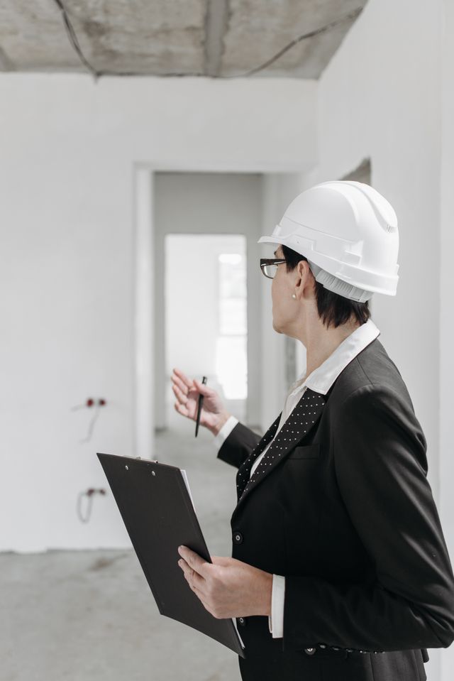 "A female building inspector wearing a white hard hat and suit jacket holds a clipboard while assessing an unfinished room for damage or leaks."
