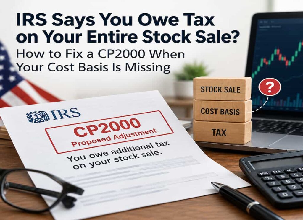 IRS CP2000 notice for a stock sale with missing cost basis, calculator, financial documents, and stock market chart.