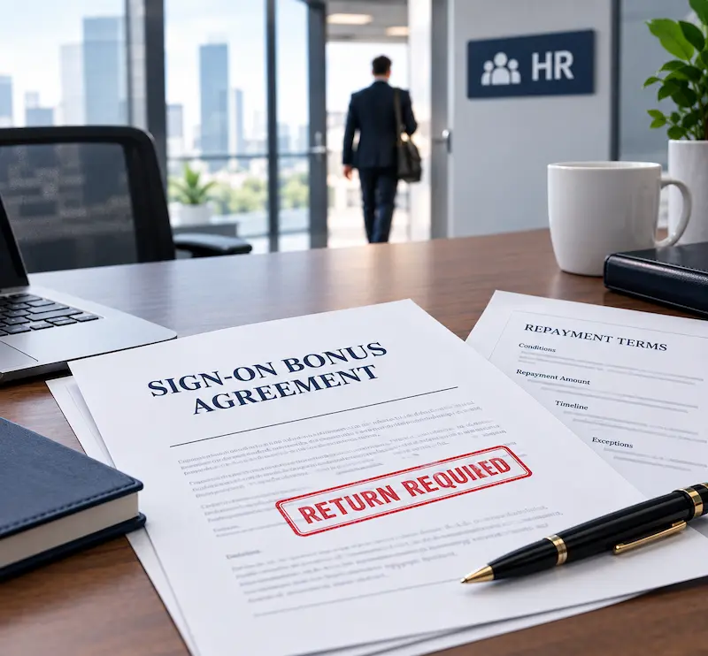 Sign-on bonus agreement and repayment terms on an office desk as an employee leaves the workplace, illustrating potential bonus repayment after resignation.