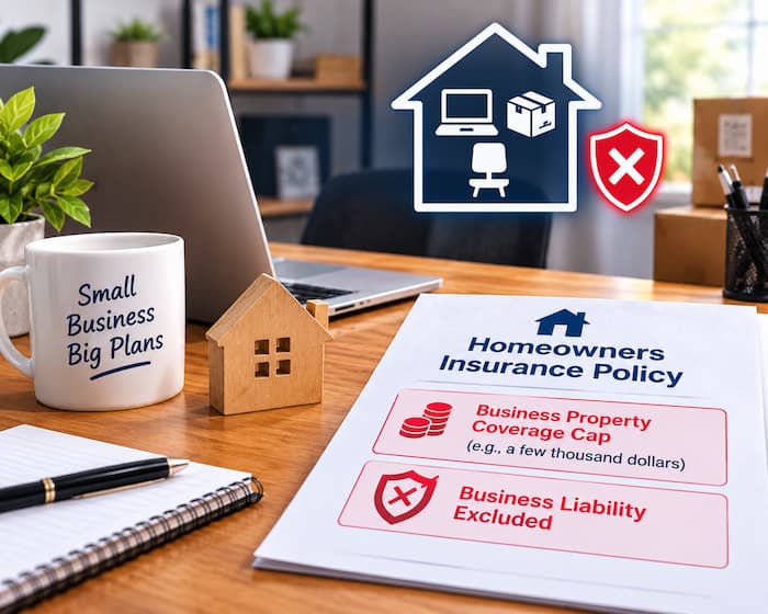 Home office with a laptop, business supplies, and a homeowners insurance policy highlighting limited business property coverage and excluded business liability.