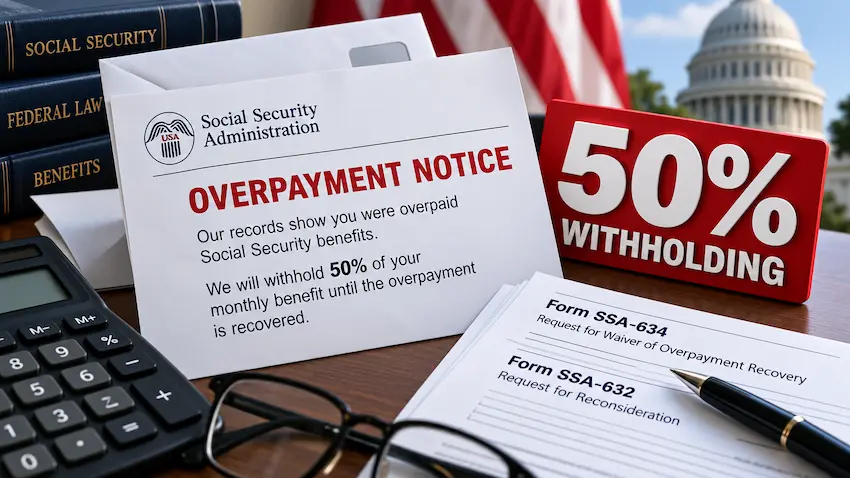 “Social Security overpayment notice showing 50% withholding, with SSA forms, a calculator, legal books, and the U.S. Capitol in the background.”