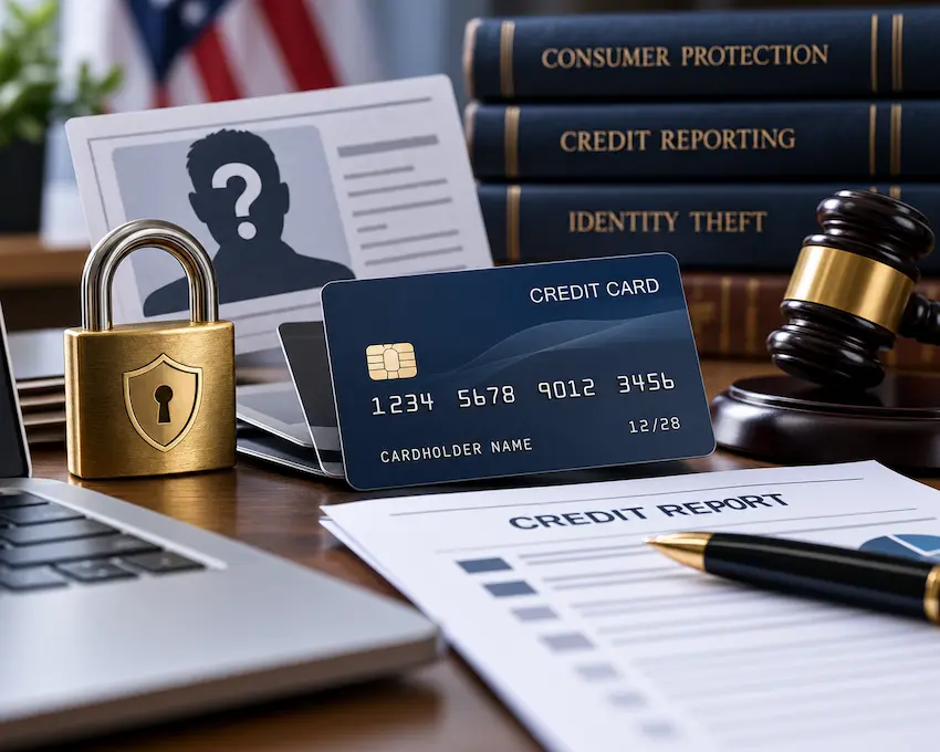 A professional financial and legal scene featuring a credit card, padlock, identity theft documents, credit report, law books, and a judge’s gavel, representing unauthorized credit card accounts and identity theft protection.