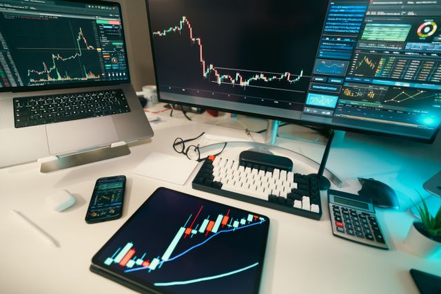 Advanced multi-monitor forex and stock trading setup displaying financial charts and market analysis tools.