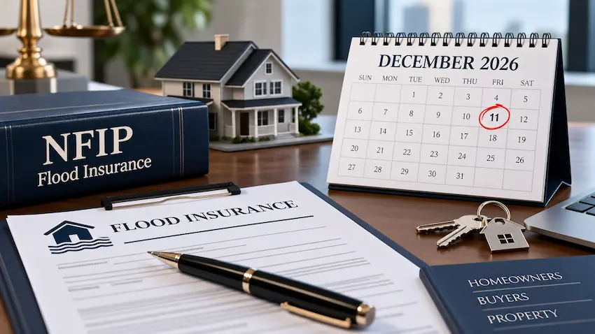 Alt text: Professional flood insurance document beside an NFIP book, house model, and December 11, 2026 calendar deadline in a formal office setting.