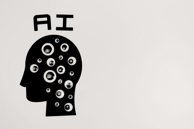 A minimalist black silhouette of a human head with the letters "AI" written above it, filled with numerous googly eyes of various sizes against a plain white background.