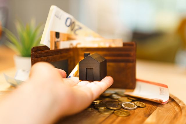 A hand holding a small black model house next to a wallet full of cash and coins, representing home financing and down payment savings.