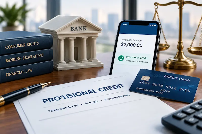 Provisional credit and bank refund illustration featuring a banking app, temporary credit notice, credit card, consumer rights and banking law books, and scales of justice.