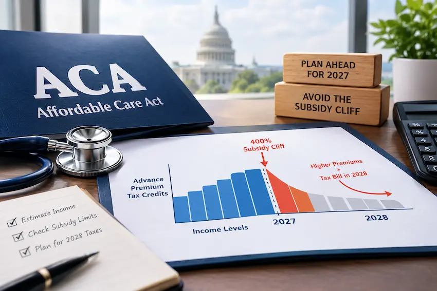 Professional ACA financial planning scene illustrating 2027 income estimates, the 400% subsidy cliff, health insurance premium tax credits, and potential tax repayment in 2028.