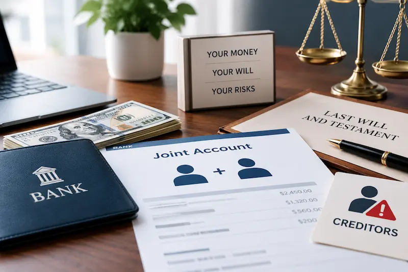 Joint bank account statement alongside cash, a last will and testament, legal scales, and a creditor warning symbol, illustrating the financial and legal risks of adding someone to a bank account.