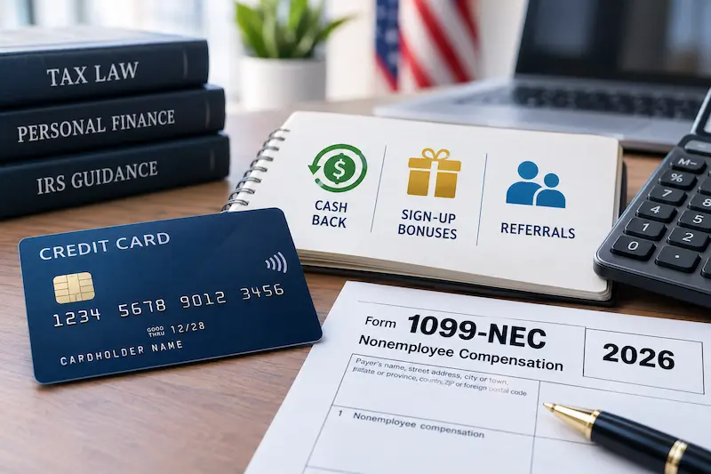 Credit card rewards and tax reporting for 2026, featuring a credit card, cash-back rewards, sign-up bonuses, referral rewards, a Form 1099-NEC, and tax law reference books on a professional financial desk.