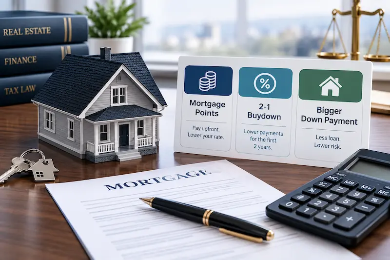Mortgage points vs. a 2-1 mortgage rate buydown vs. a larger down payment, illustrated with a model house, mortgage paperwork, calculator, house keys, and financial comparison chart.