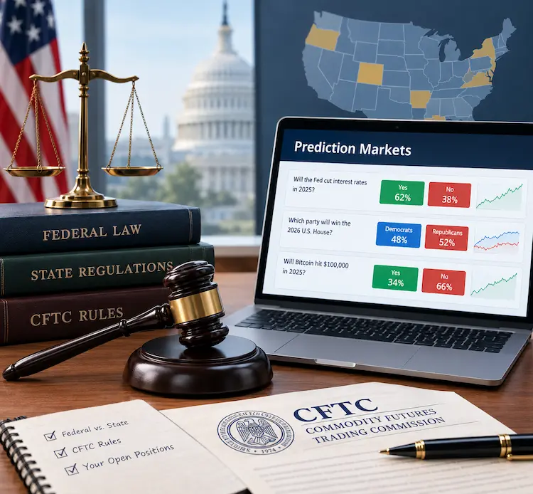 Prediction markets legality in the United States, featuring federal and state regulations, CFTC rules, financial market probabilities, and legal oversight.