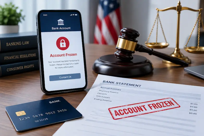 A bank account frozen on a smartphone beside a bank statement stamped “Account Frozen,” with a judge’s gavel, legal books, and scales of justice in a professional financial and legal setting.