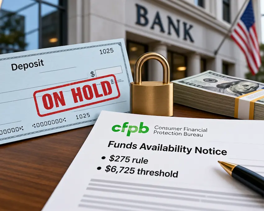 Bank deposit hold notice showing the $275 rule and $6,725 threshold, with a locked padlock, U.S. currency, and a bank building in the background.