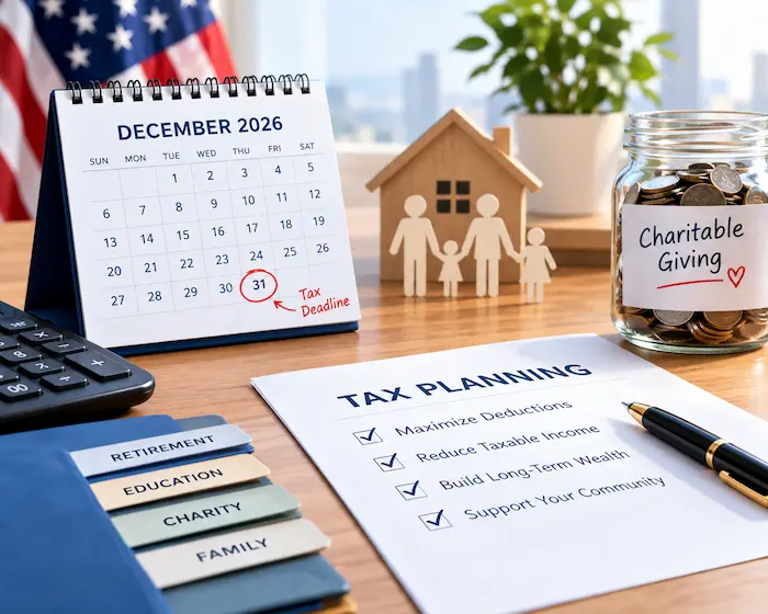 Year-end 2026 tax planning with a December 31 deadline, family finances, charitable giving, and a tax deduction checklist.