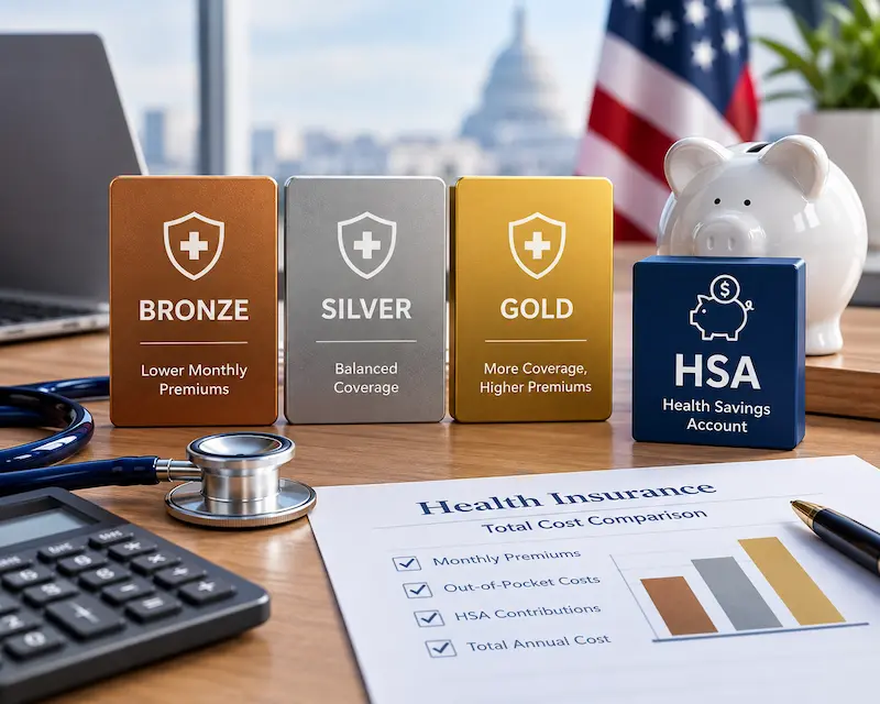Bronze, Silver, and Gold health insurance plan comparison cards beside an HSA savings account, calculator, stethoscope, and total-cost worksheet illustrating health insurance premiums, out-of-pocket expenses, and healthcare savings for 2027.