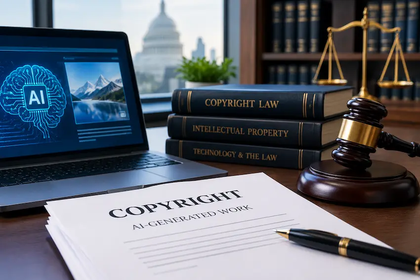 AI-generated artwork and copyright protection represented by a laptop displaying AI imagery, copyright law books, legal documents, a judge’s gavel, and scales of justice.