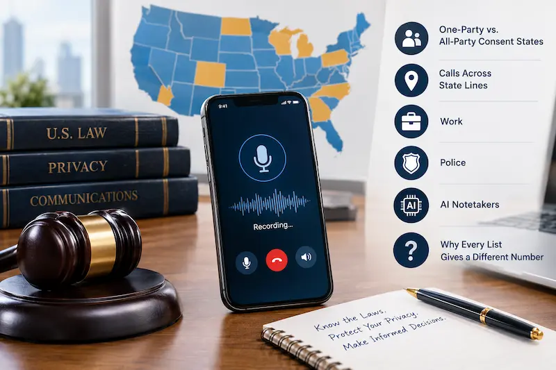 Professional legal-themed image featuring a smartphone recording a phone call, a U.S. map, a judge’s gavel, and law books representing state recording consent laws, privacy rights, workplace calls, police interactions, and AI notetakers.