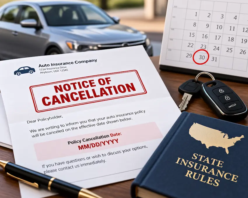 Car insurance cancellation notice with a highlighted cancellation date, car keys, calendar, and state insurance rules document.