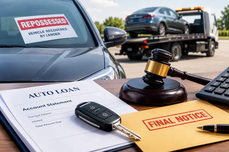 A car repossession scene with a tow truck, auto loan documents, car keys, a legal gavel, and a final notice envelope, illustrating vehicle repossession, outstanding loan debt, and borrowers’ legal rights to recover a repossessed car.