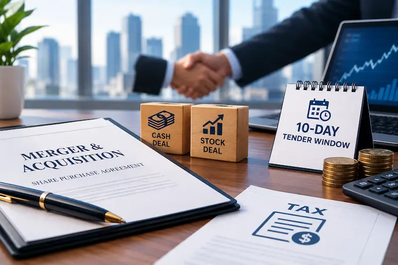 Professional merger and acquisition scene featuring cash versus stock deal options, a 10-day tender window calendar, financial documents, and tax paperwork.