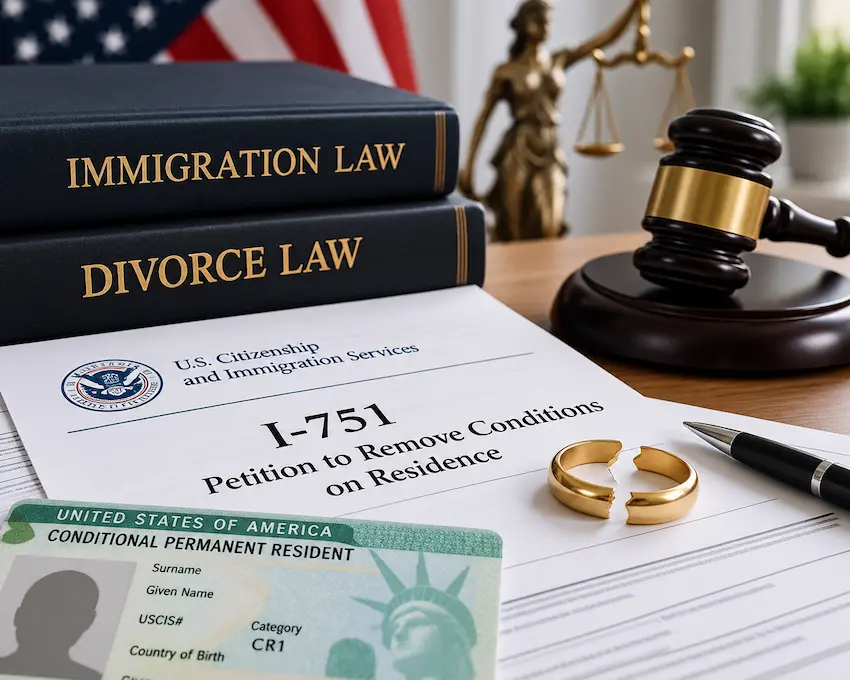 USCIS Form I-751 petition alongside a conditional green card, broken wedding ring, immigration law books, and a judge’s gavel, illustrating the I-751 waiver process after divorce.