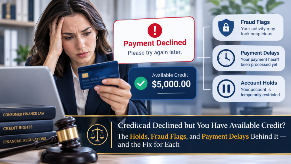 Credit card payment declined despite available credit, illustrating fraud alerts, payment delays, and temporary account holds.